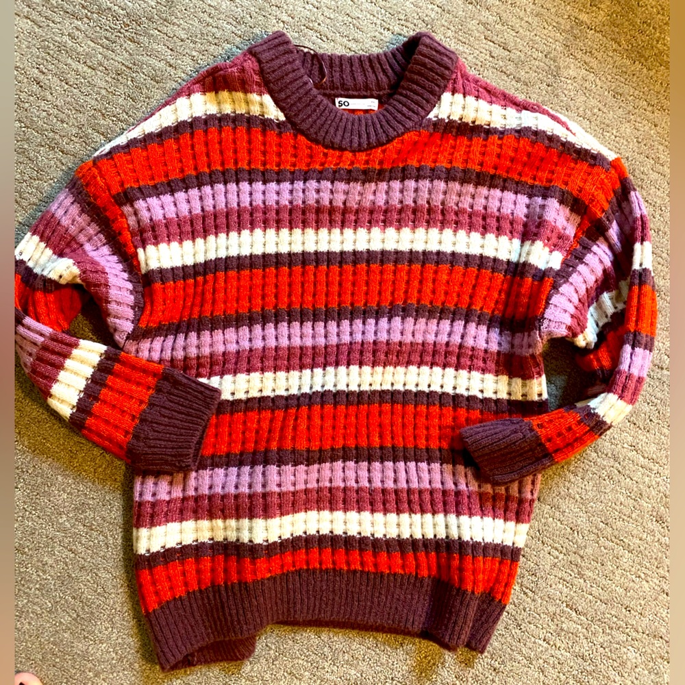 SO Red and Purple Crew Neck Sweater with Ribbed Knit